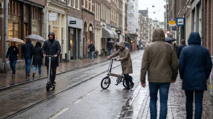 Fototapeta premium Wet Street Micro Mobility Commute With Folding E Bikes And Scooters