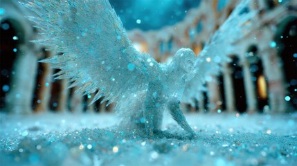 Fototapeta premium Mystical figure with wings in a glittering environment at night