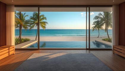 Fototapeta premium Modern Beach House Interior with Panoramic Ocean and Palm Trees
