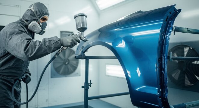 Man spray painting car fender in workshop