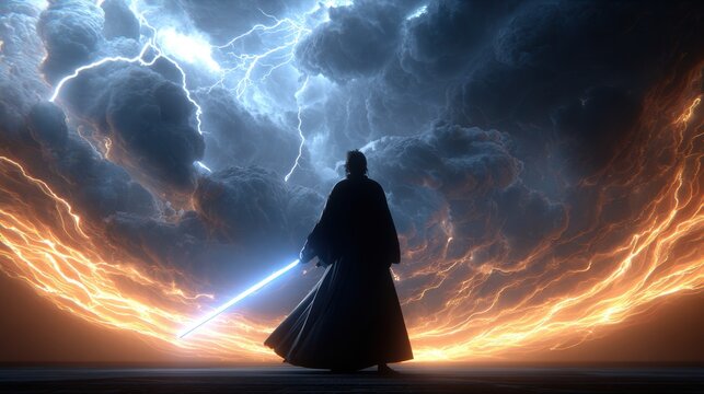 Fantasy wallpaper. A dramatic portrayal of a cloaked figure, likely a Jedi or Sith, standing in a desolate landscape. The figure wields a glowing blue lightsaber.