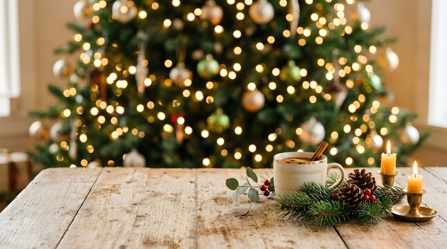 Cozy christmas morning with hot cinnamon drink by the tree