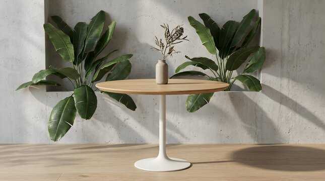 Modern minimalist wooden table with white base and vase on top in a room with large green plants