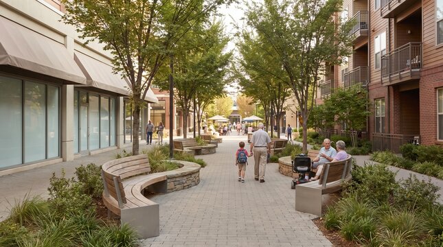 Inclusive Seating Zone Along Walkable Mixed Use Neighborhood Corridor