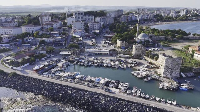 Aerial View of Yumurtalık Castle in Adana Turkey Showing Medieval Coastal Fortress and Mediterranean Seaside Landscape