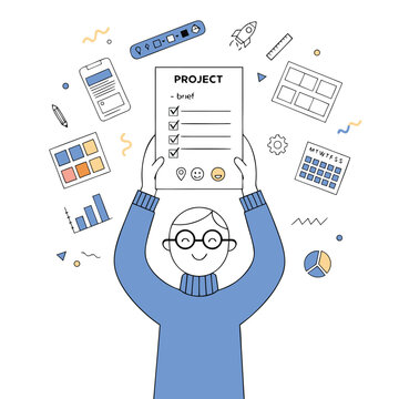 Cartoon man holding project brief document with various office supplies around  business concept