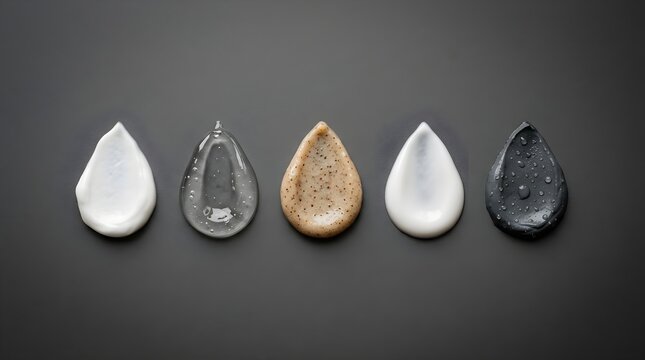 Variety of skincare products in teardrop shapes on dark background