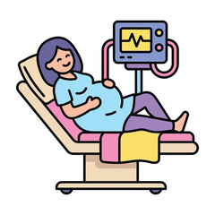 Fototapeta premium A smiling pregnant woman lying on a hospital bed with a fetal monitor beside her, indicating prenatal care.