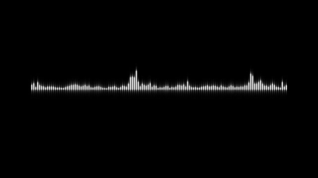 Clean audio waveform spectrum animation on dark background, white line sound wave visualization with glowing effect, digital voice record meter, podcast equalizer overlay effect, 4k loop video