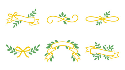 Obraz premium Decorative Ribbons and Green Leaves Vector Elements Set