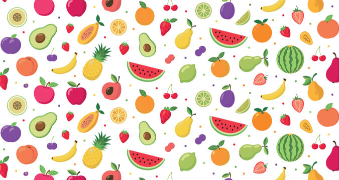 Seamless fruit pattern vector background with colorful repeating flat icons of watermelon strawberry orange pineapple banana avocado peach and cherry