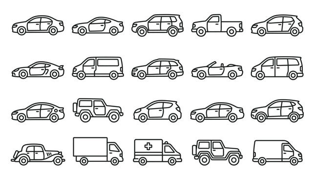 Variety of cars and trucks side view.