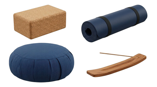 Yoga and meditation props including a cork block rolled mat zabuton cushion and incense holder with stick isolated on transparent background