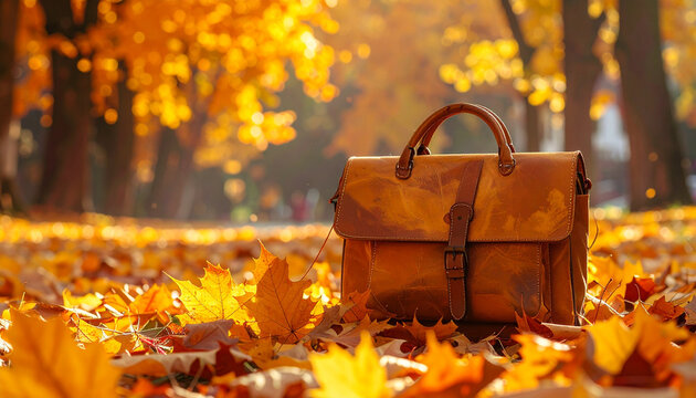 Autumn Leather Briefcase Resting on Fallen Maple Leaves in Park