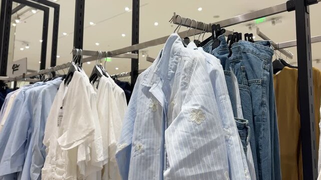 Collection of stylish women's shirts displayed on hangers inside a premium fashion showroom. 