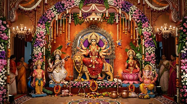 A vibrant Hindu festival celebration with decorations and statues of gods in a temple.