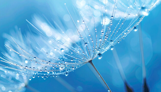 Close-up of dandelion seed head with water droplets in soft blue background