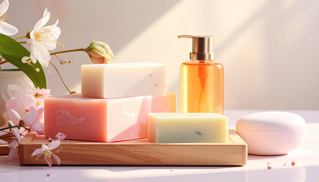 Elegant soap bars and dispenser with delicate flowers on wooden tray