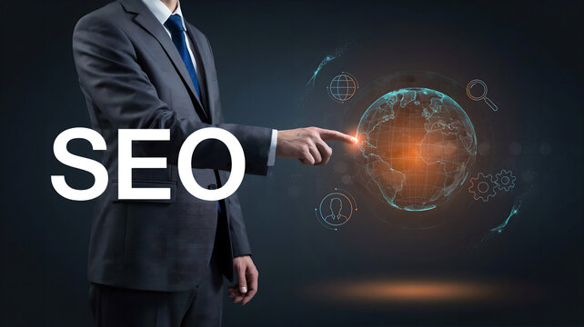 Businessman pointing at a digital globe with seo text overlay, representing global search engine optimization strategy