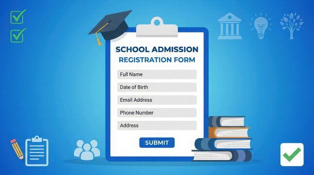 School Admission Registration Form with Graduation Cap and Education Icons