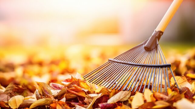 Raking leaves in a garden during fall at sunset with warm sunlight
