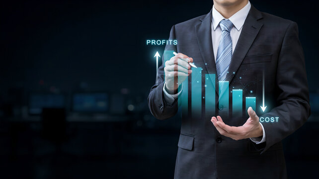 Businessman interacting with a holographic bar chart showing increasing profits and decreasing costs in a dark office