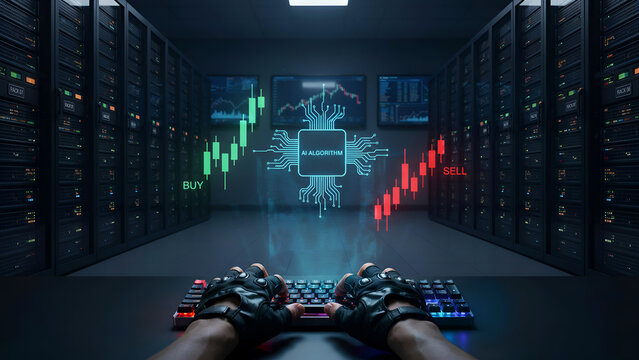 First person view of hands wearing tactical gloves typing on a keyboard in a dark server room with glowing stock market trading charts