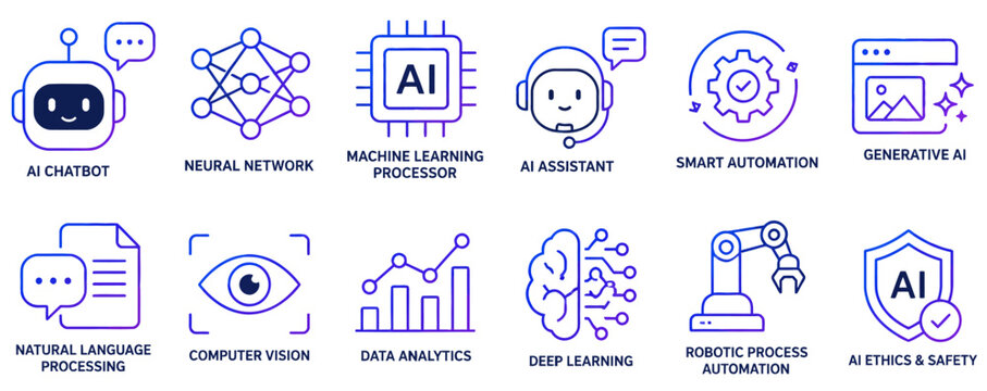 Set of ten linear gradient icons representing various artificial intelligence technologies and modern digital innovation concepts displayed in a clean professional collection on transparent background