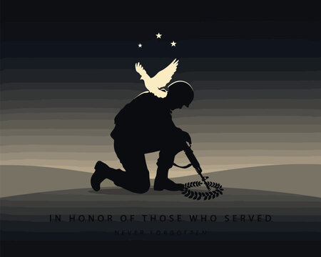 Soldier kneeling with wreath and dove Keywords: soldier, military, remembrance, honor, fallen