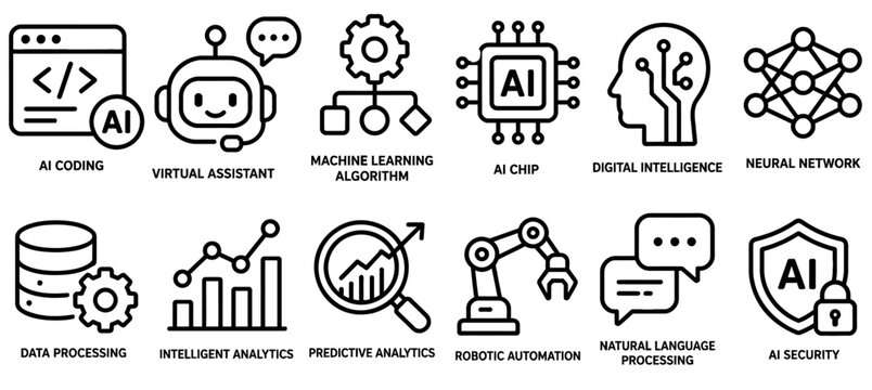 Detailed collection of twelve essential black and white artificial intelligence technology line icons representing modern digital innovation and advanced computing concepts presented 