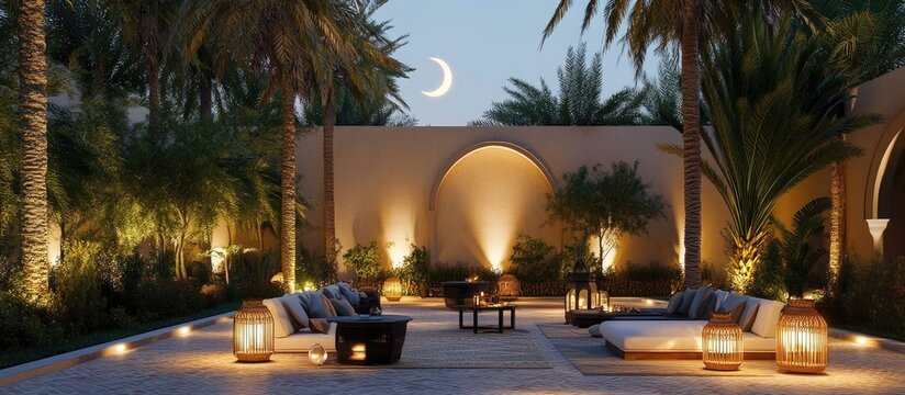 Exotic Evening Retreat: Luxurious Outdoor Lounge, Crescent Moon, Palm Trees, Warm Lanterns
