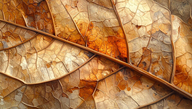 Close-up macro shot of dry textured leaf veins in autumn