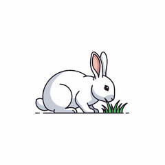 Fototapeta premium Minimalist Line Art Illustration of a Cute White Bunny Rabbit Grazing on Fresh Green Grass Isolated on a White Background