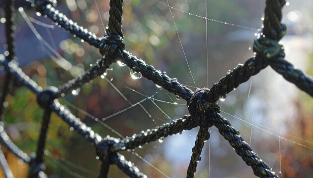 Close-up of wet spider web strands and rope with water droplets