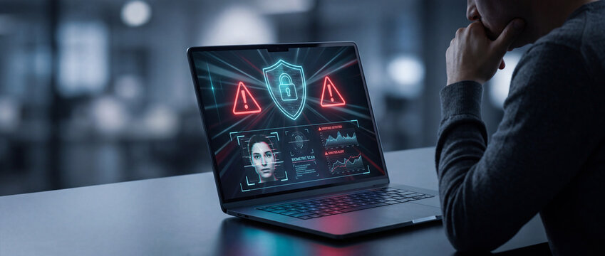 Biometric security interface on laptop screen with face scan and lock icon, showing data analysis and alerts, for digital identity and cybersecurity concepts