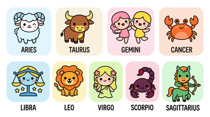 Fototapeta premium Cute cartoon zodiac signs icons collection set for horoscope design.