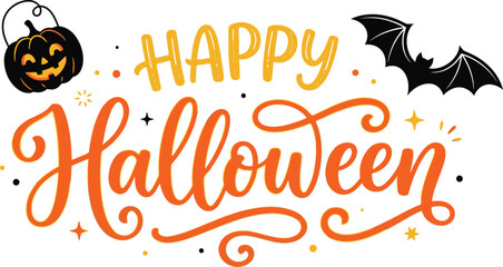 Happy halloween hand lettered typography with pumpkin and bat illustration © sharmin