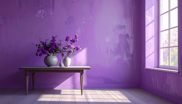 Elegant purple interior with floral arrangement on a wooden table