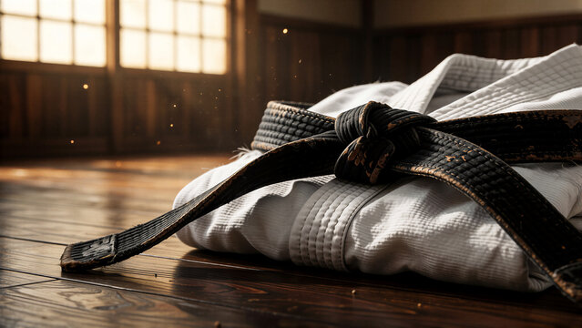 karate iaido black belt and white gi on wooden dojo floor