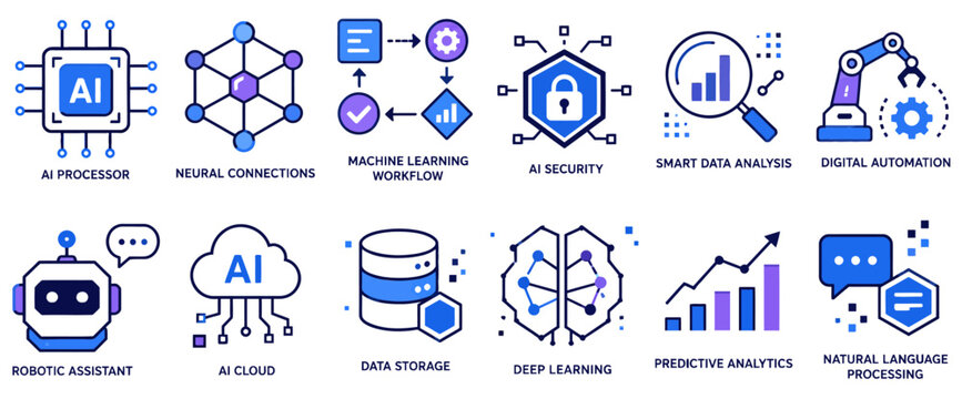 Set of blue flat line icons representing artificial intelligence concepts including robotics and data processing for modern technological business presentations isolated on transparent background