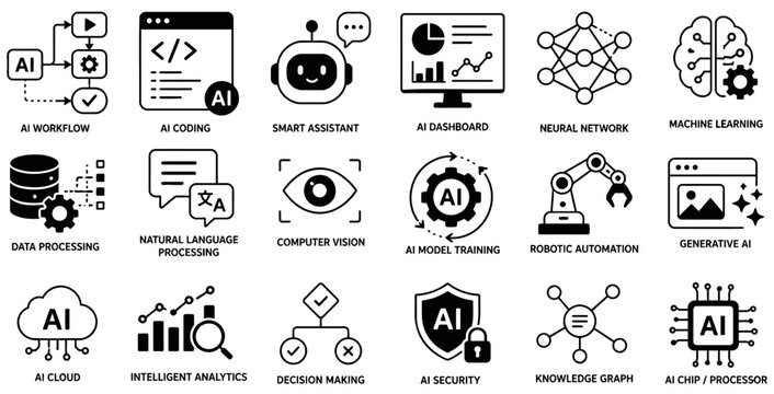 Comprehensive collection of flat black artificial intelligence icons representing modern technology concepts and digital automation processes for professional software development projects isolated 