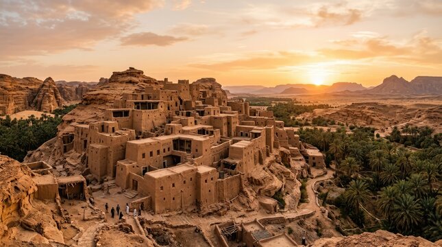 Ancient mud brick city in desert at sunset.