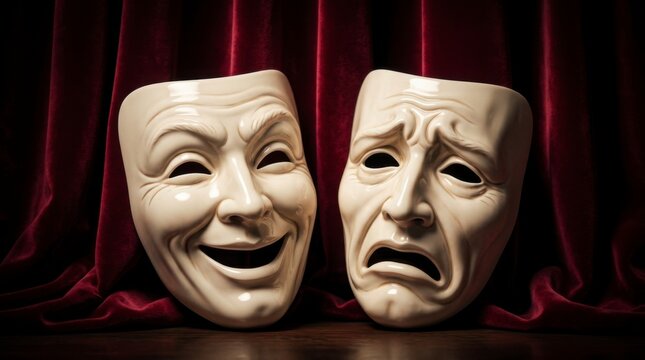 Theater masks of comedy and tragedy on red velvet curtain, dramatic lighting, classic symbols of performing arts and emotional expression.