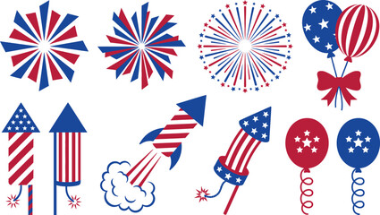 Fototapeta premium 4th of July patriotic fireworks and balloons element set, USA Independence Day celebration vectors