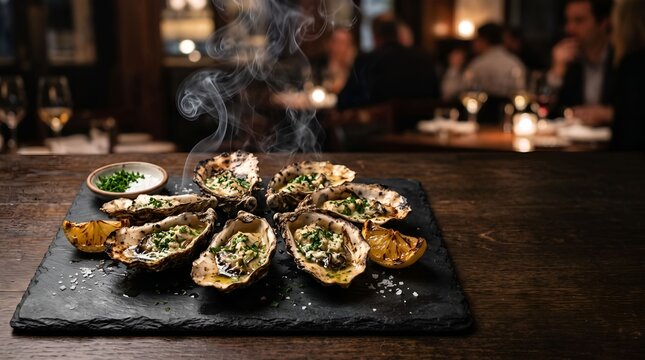 Oysters On Slate With Lemon And Herbs Restaurant Scene Photo