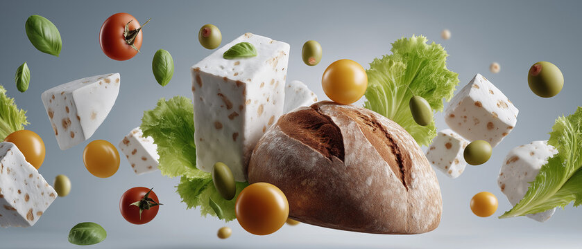 Fresh Ingredients Floating: A vibrant composition of fresh food ingredients, including crusty bread, white cheese, cherry tomatoes, olives, and lettuce, gracefully suspended in mid-air against a soft.