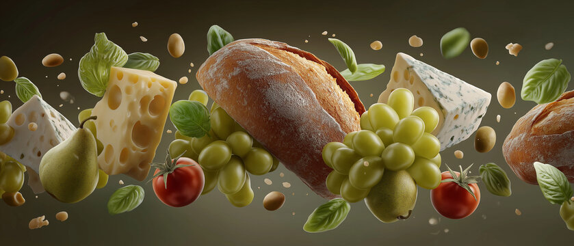 Floating Feast: A delightful composition of fresh ingredients, including crusty bread, ripe grapes, gourmet cheese, juicy tomatoes, and crisp basil leaves, suspended in mid-air.