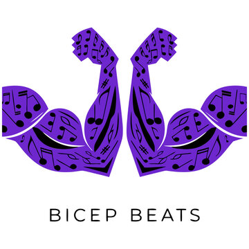 Two purple muscular arms flexed with black musical notes embedded into the skin shape creating a powerful rhythmic design for fitness enthusiasts on transparent background