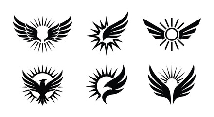 Collection Of Black Stylized Wing And Sunburst Icons Graphic Silhouette wings feather feathers sun rays radiant icon graphics © APIM02SN