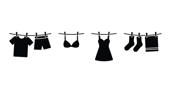 Clothing items hanging on a line depicted as a black silhouette apparel attire bathing suit beachwear briefs clothesline
